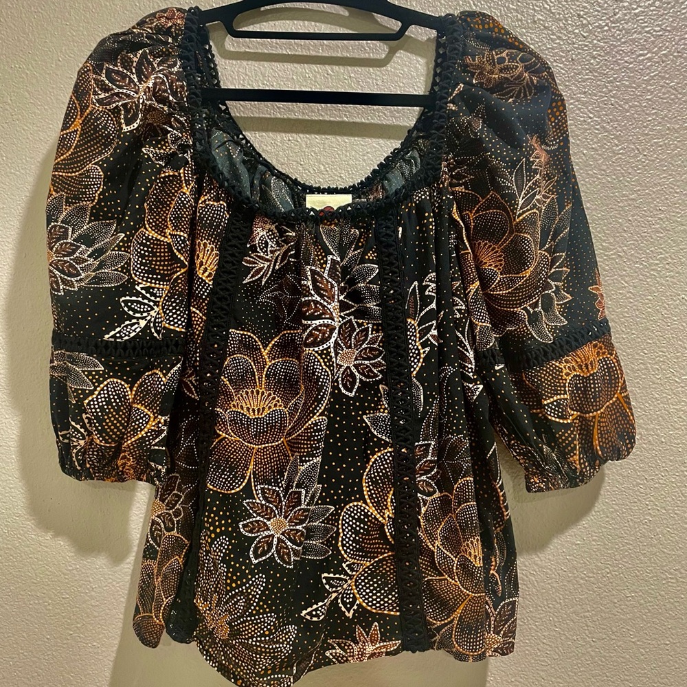 Farm Rio Brown and White Ruffled Blouse with 3/4 Sleeves - Picture 6 of 6